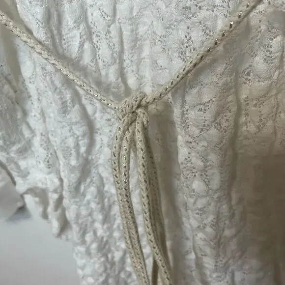 Free People White Tunic Top M Womens Button Front Collared Long Sleeve Lace Tie - Picture 7 of 10
